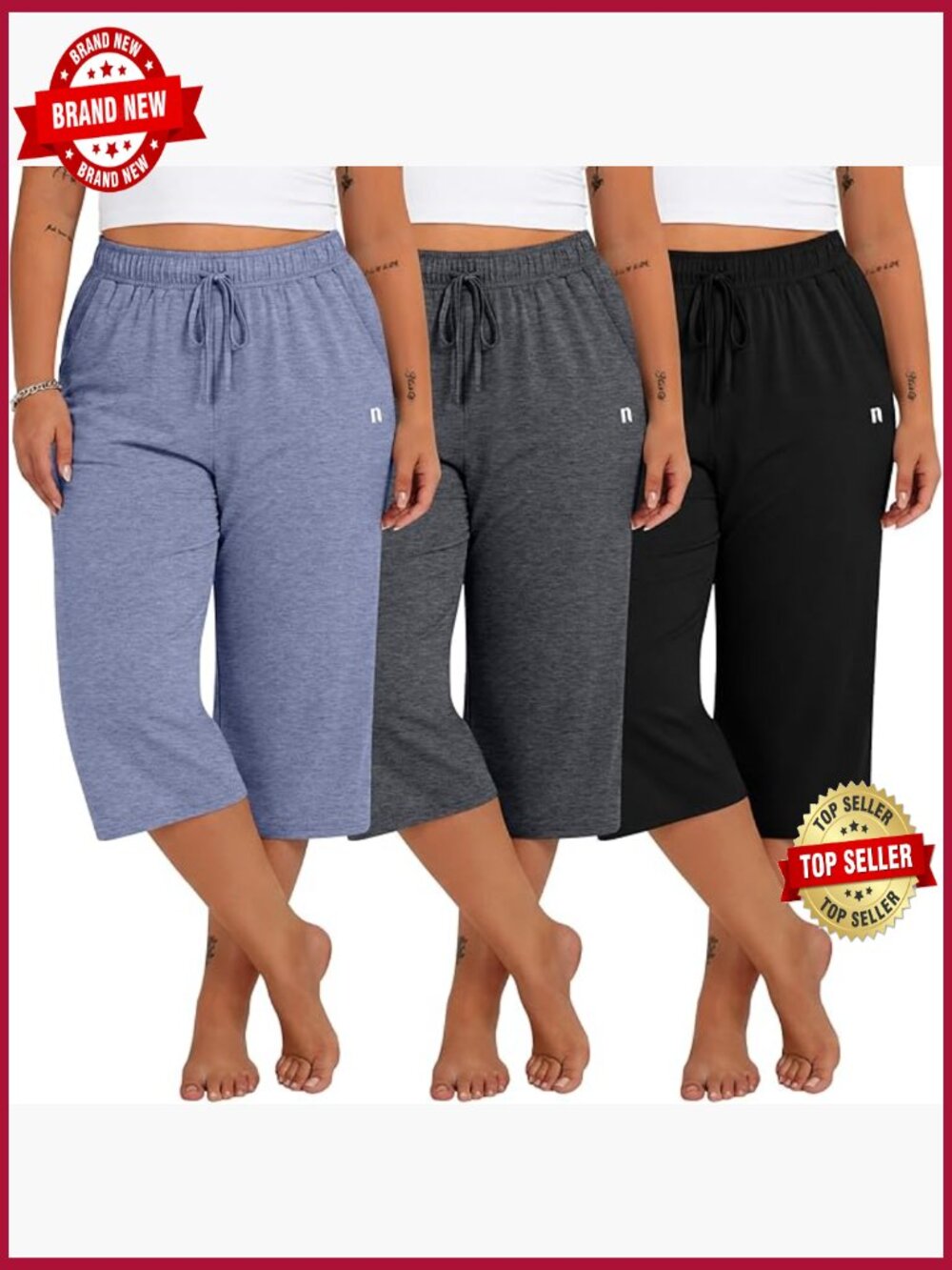 3 Pack Plus Size Capris, Wide Leg Loose Pants, Casual Drawstring Sweatpants
